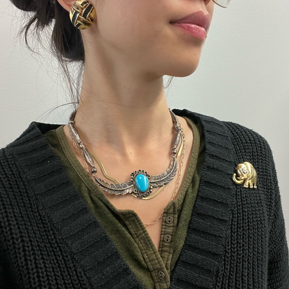Vintage NAVAJO Native American Turquoise Silver Leaf Necklace/Choker-Collectible